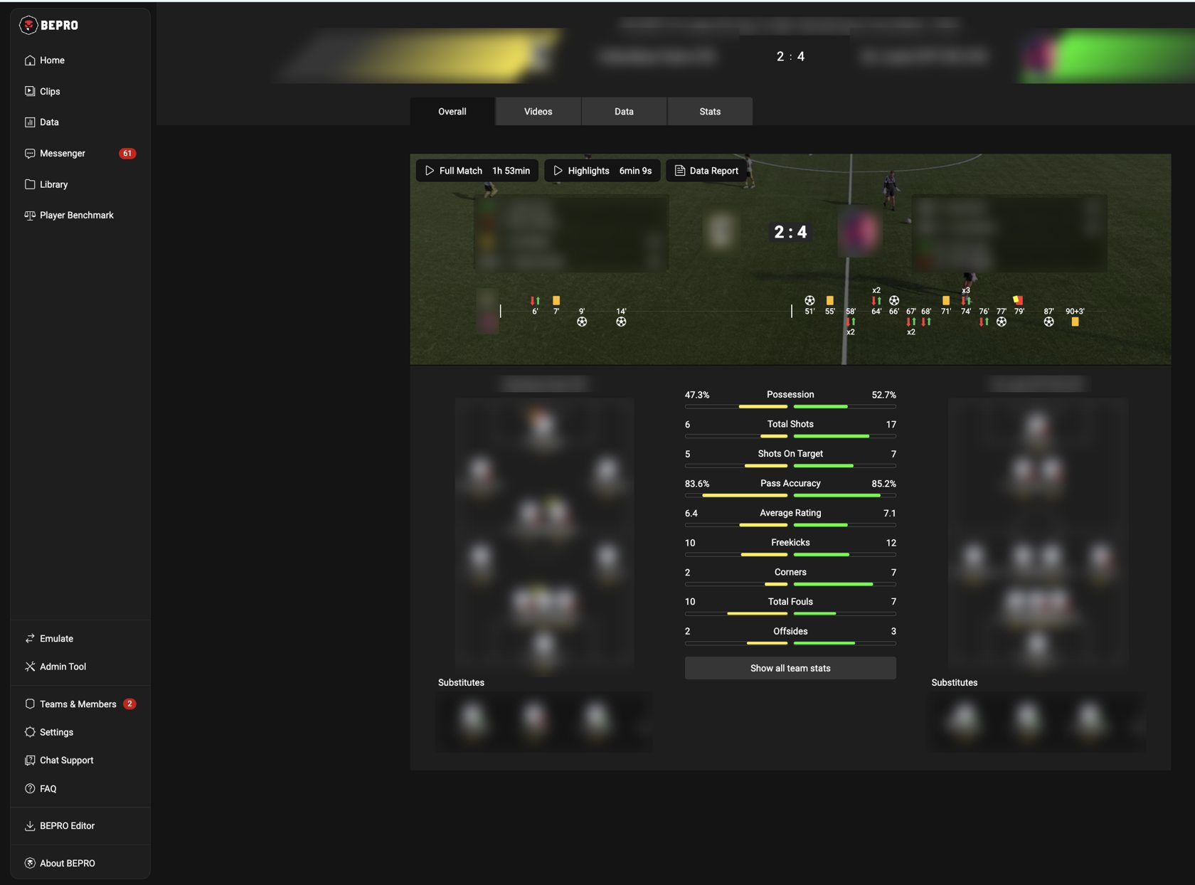 BePro match overview: full match video, highlights, an event timeline and team stats