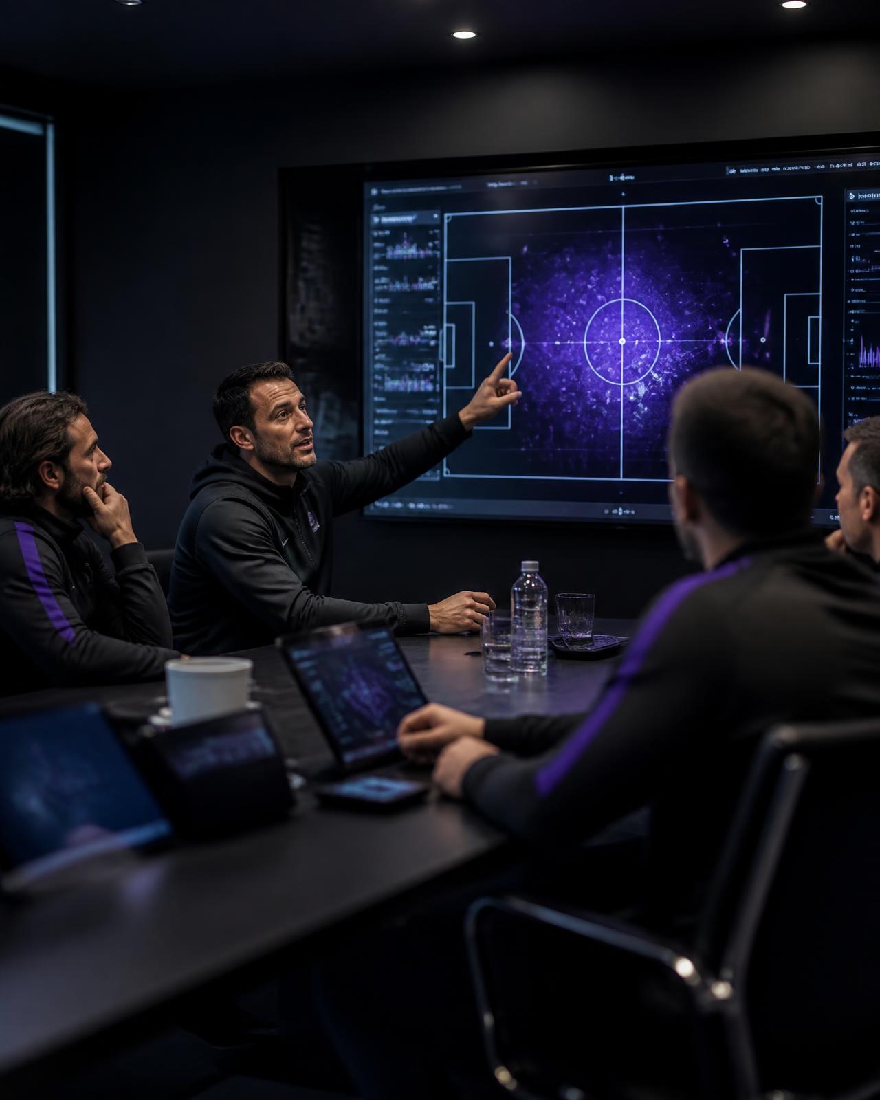Coaches reviewing football performance analysis